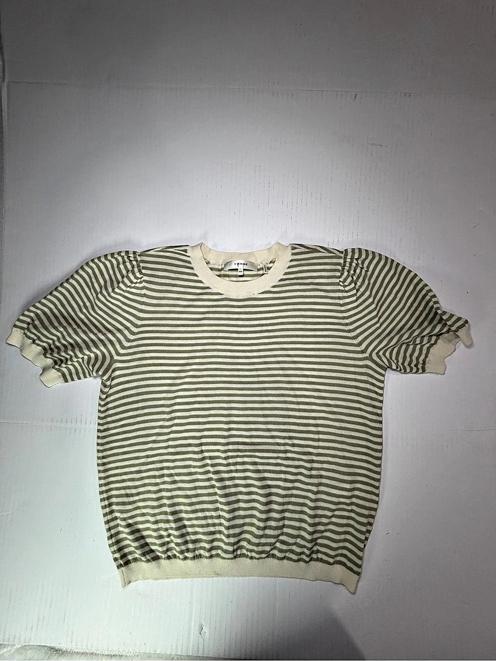 Frame The Striped Gather Sweater Striped Crew Neck Sweater small seam mend